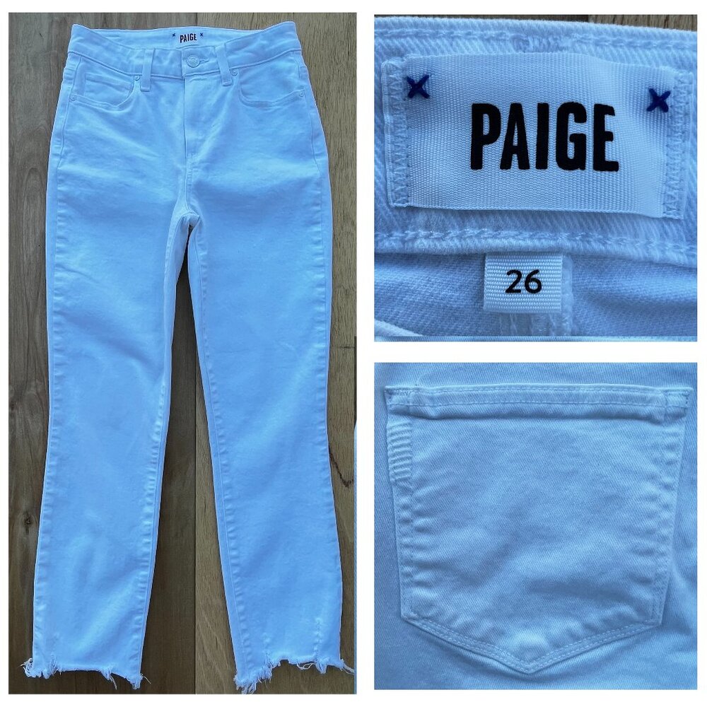 PAIGE CINDY CROP HIGH RISE DESTROYED HEM WOMEN’S JEANS sz 26 Crisp White